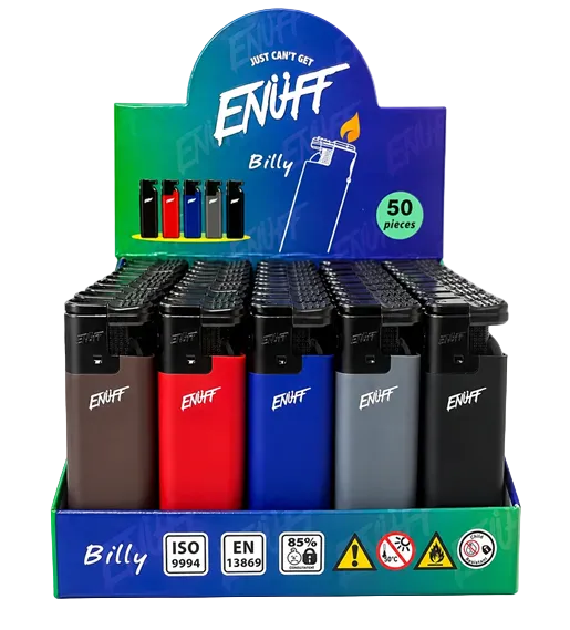 A retail display box filled with ENUFF Billy disposable lighters in multiple colors, including brown, red, blue, gray, and black, on a white background.