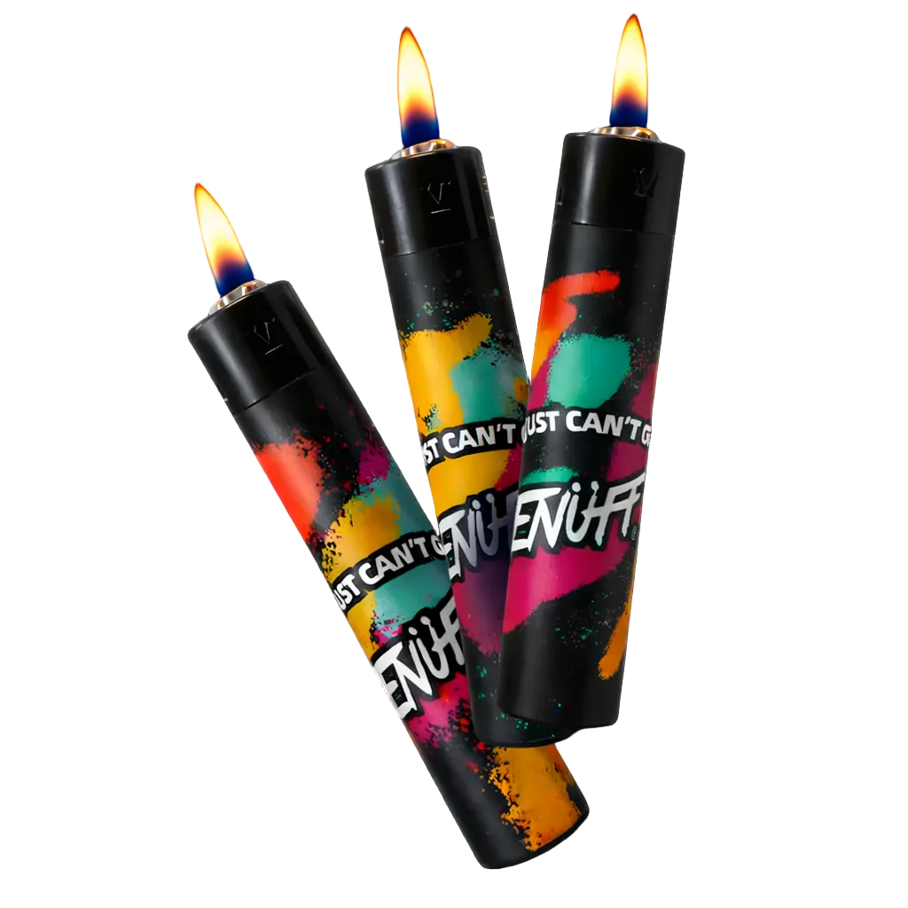 Three colorful lighters with flames on a black background