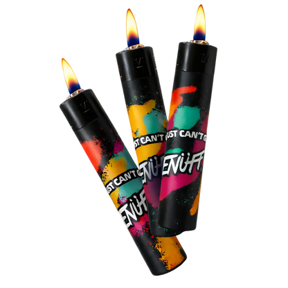 Three colorful lighters with flames on a black background