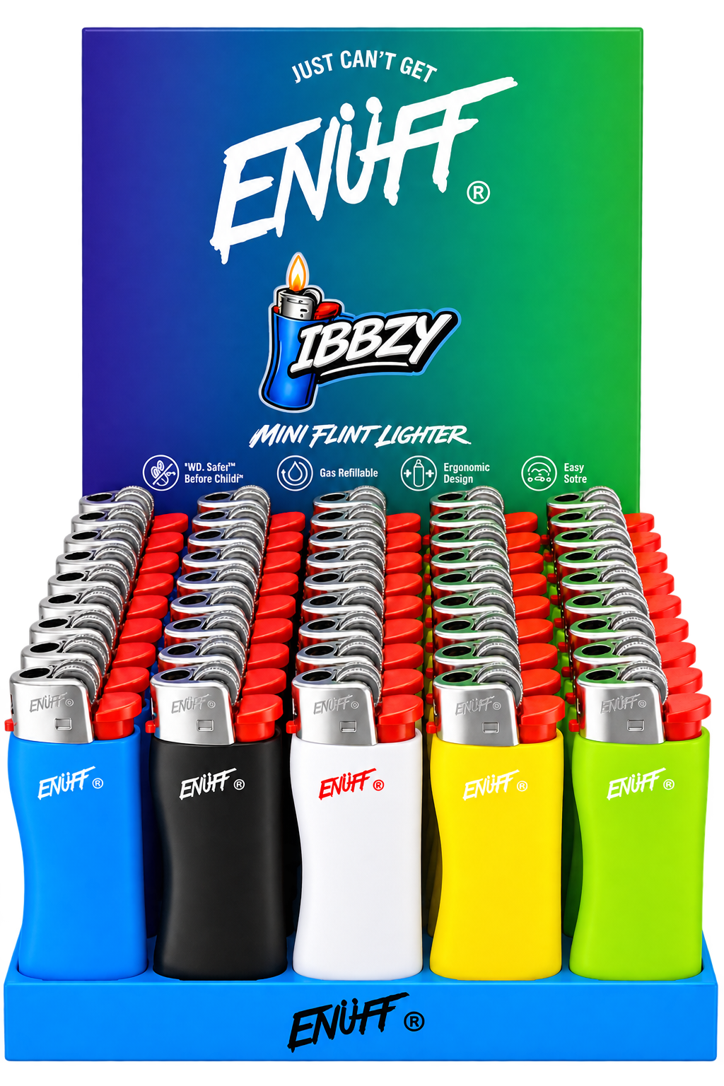 A retail display box filled with ENUFF mini flint lighters in multiple color options, including blue, black, white, yellow, and green, with a blue, green, and purple branded display back panel.
