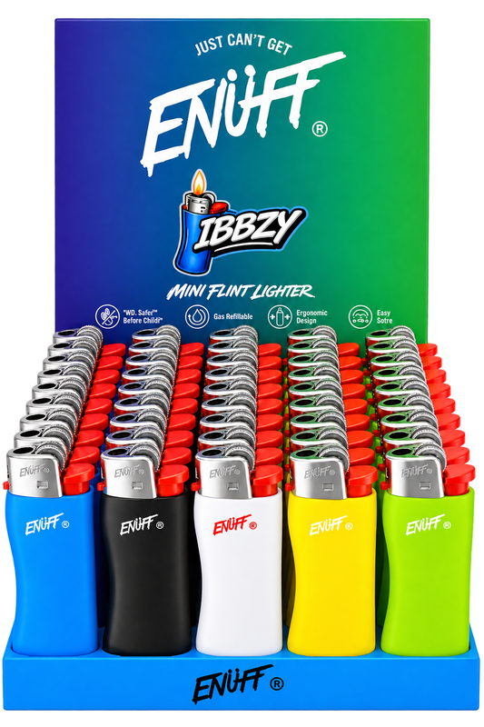 A retail display box filled with ENUFF mini flint lighters in multiple color options, including blue, black, white, yellow, and green, with a blue, green, and purple branded display back panel.