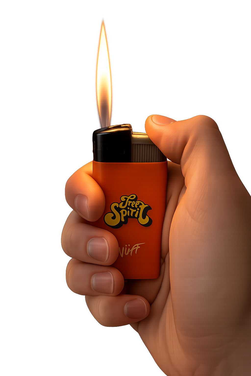 Hand holding an orange lighter with a flame on a white background