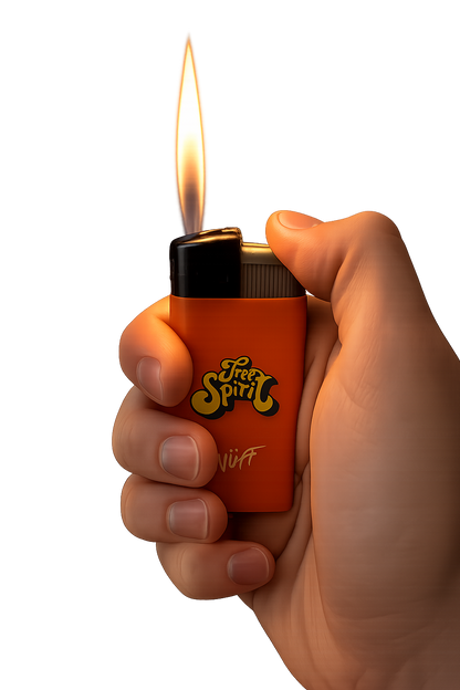 Hand holding an orange lighter with a flame on a white background