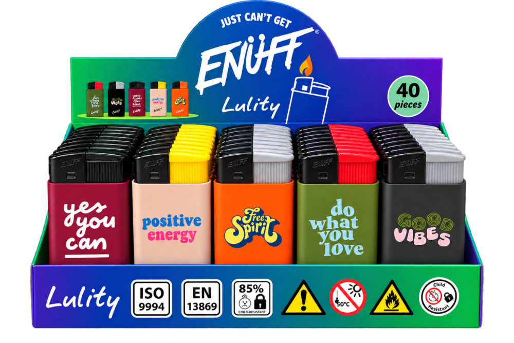 A retail display box filled with Enuff Lulity lighter matches, showing multiple color options with motivational text designs on the front. The display features a blue, green, and purple header and base with product information and safety icons.