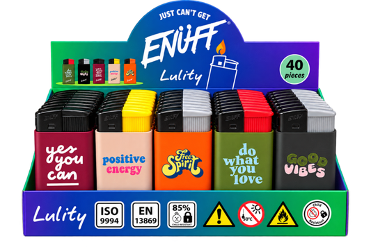 A retail display box filled with Enuff Lulity lighter matches, showing multiple color options with motivational text designs on the front. The display features a blue, green, and purple header and base with product information and safety icons.