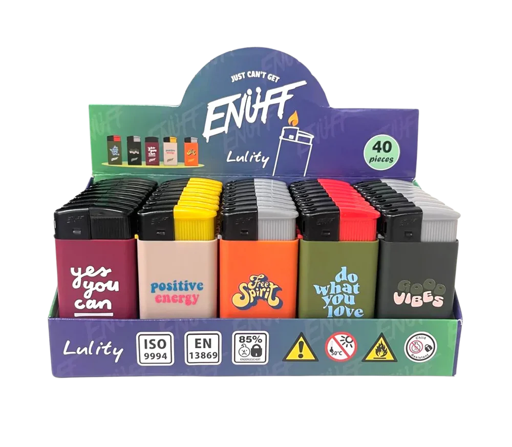 Display of colorful lighters with various designs and text, branded 'Lulty'.