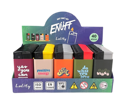 Display of colorful lighters with various designs and text, branded 'Lulty'.
