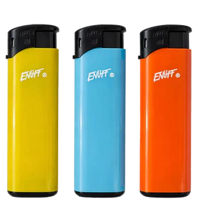 Three Enuff branded lighters in yellow, blue, and orange on a white background
