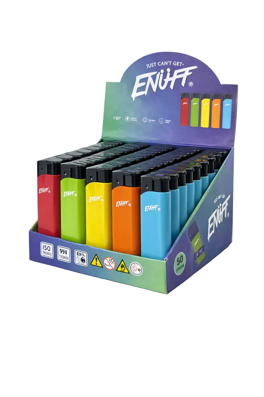 Display box of colorful lighters with 'ENUFF' branding on a white background