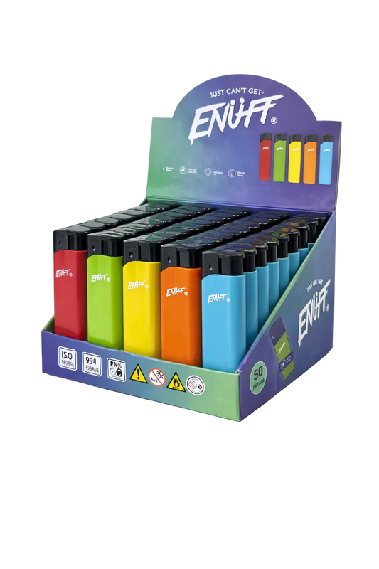 Display box of colorful lighters with 'ENUFF' branding on a white background