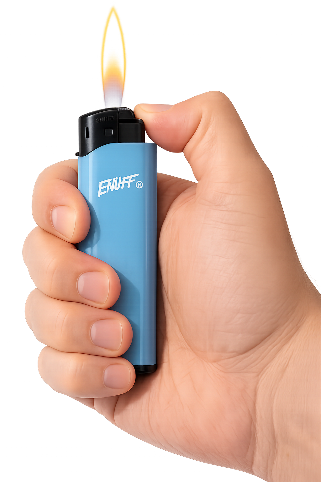 Hand holding a blue lighter with flame on a white background