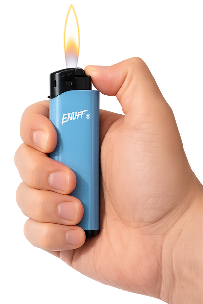 Hand holding a blue lighter with flame on a white background