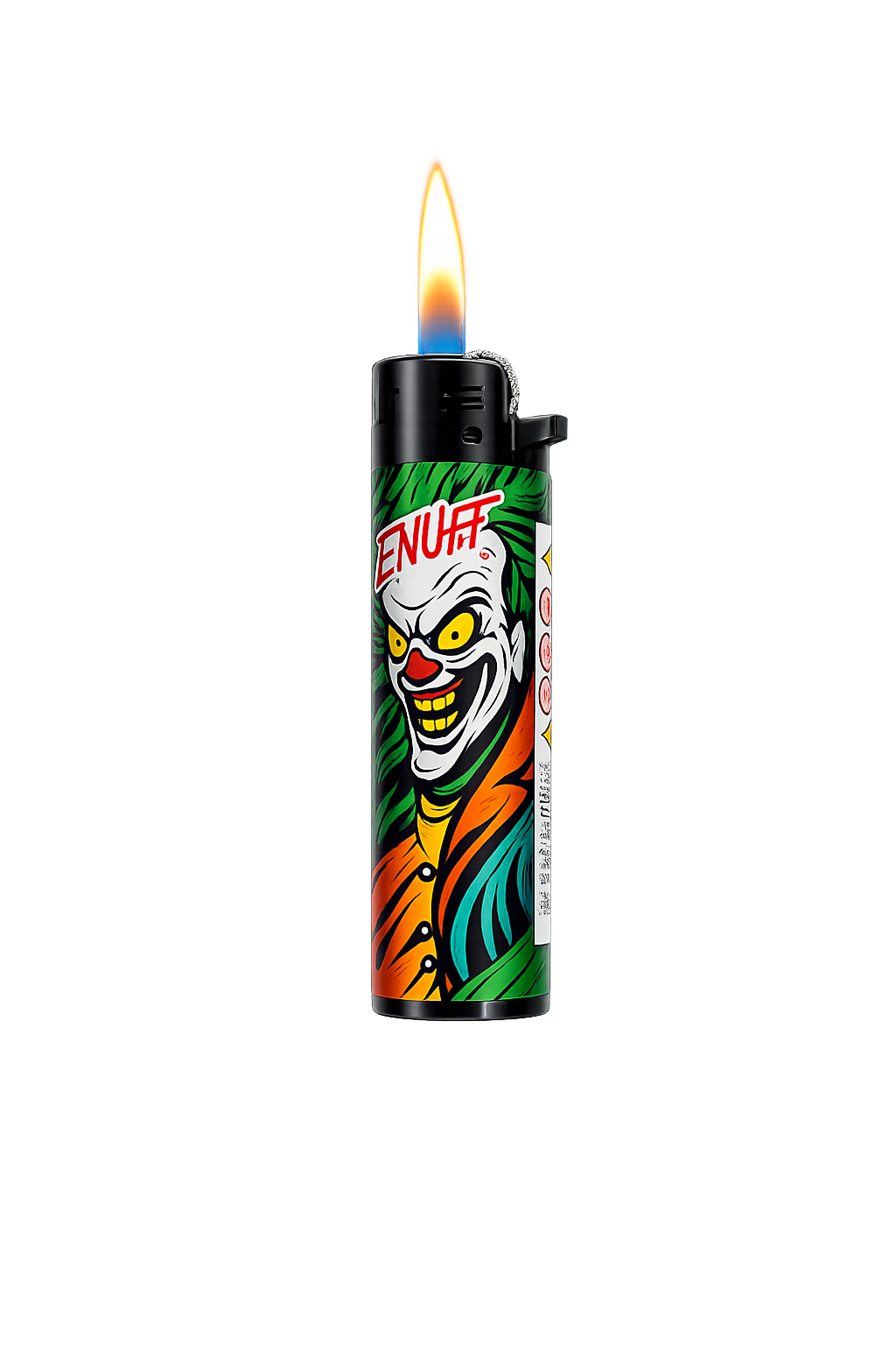 Lighter with a colorful design featuring a clown face on a white background