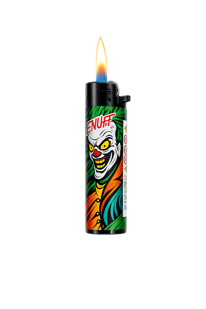 Lighter with a colorful design featuring a clown face on a white background