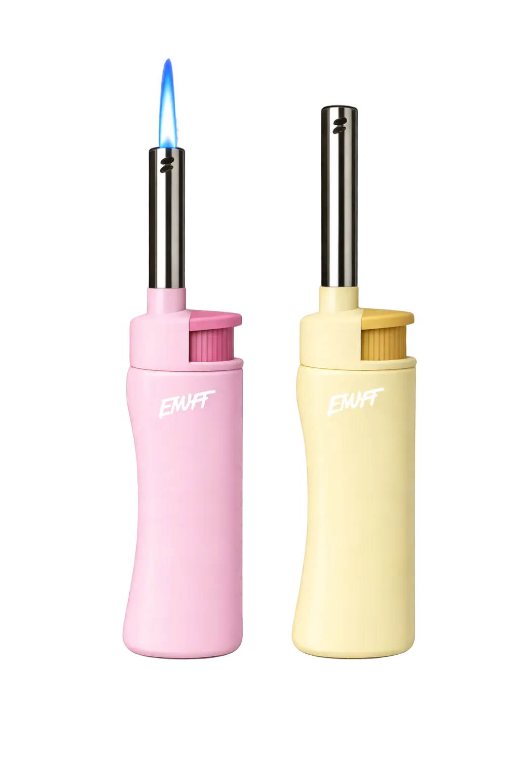 Two colorful butane lighters, one pink and one yellow, on a transparent background.