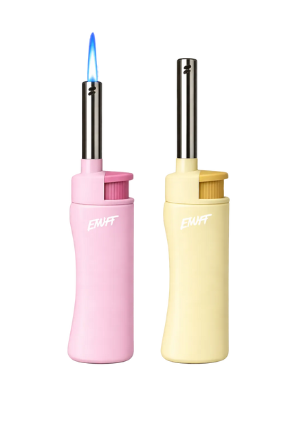 Two colorful butane lighters, one pink and one yellow, on a transparent background.