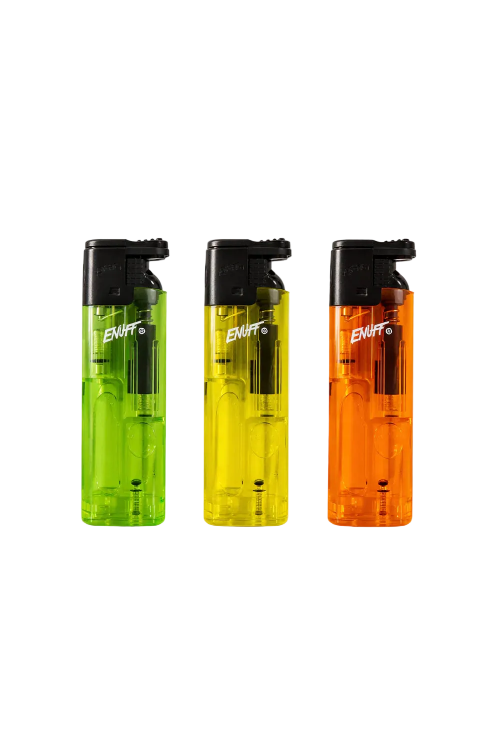 Three colorful water bottles with black caps on a white background