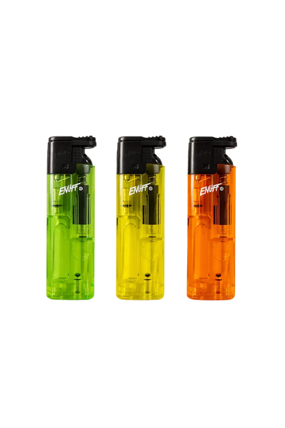 Three colorful water bottles with black caps on a white background