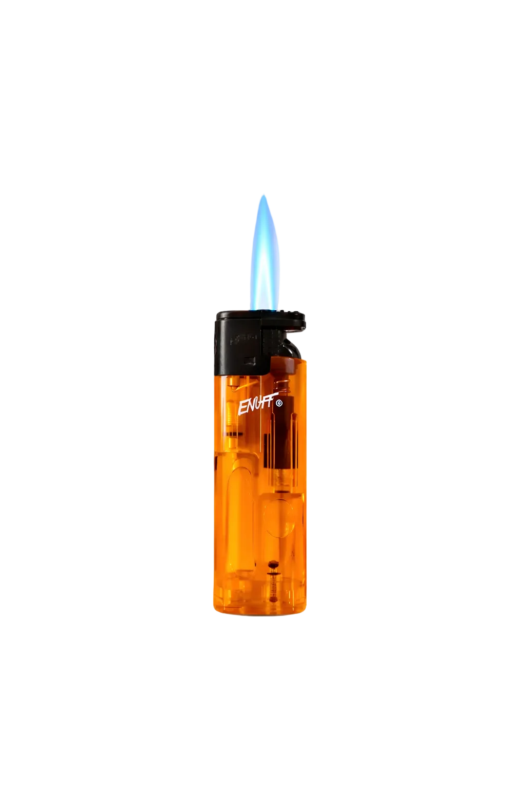 Orange butane lighter with a lit blue flame on a white background