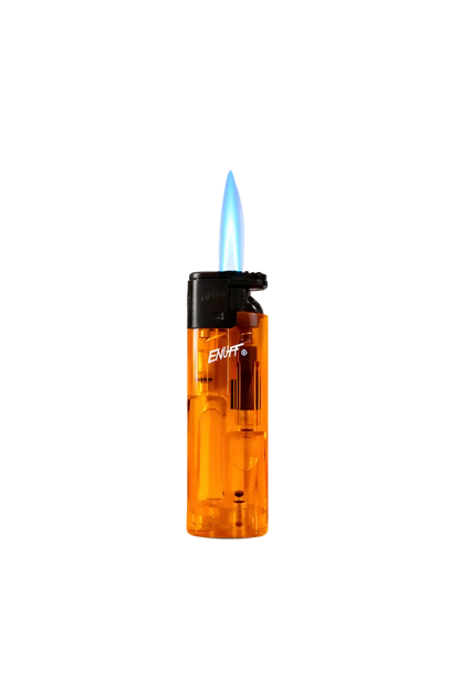 Orange butane lighter with a lit blue flame on a white background