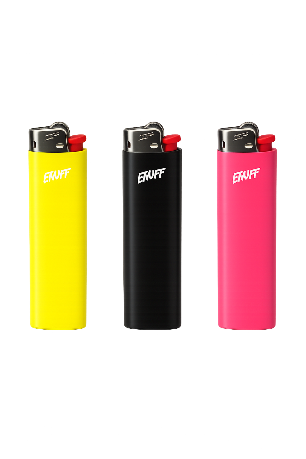 Three colorful lighters with 'ENUFF' branding on a white background