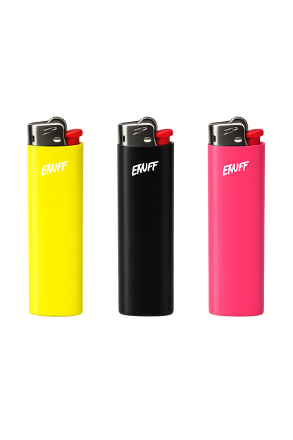 Three colorful lighters with 'ENUFF' branding on a white background