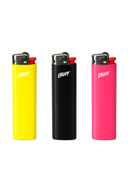 Three colorful lighters with 'ENUFF' branding on a white background