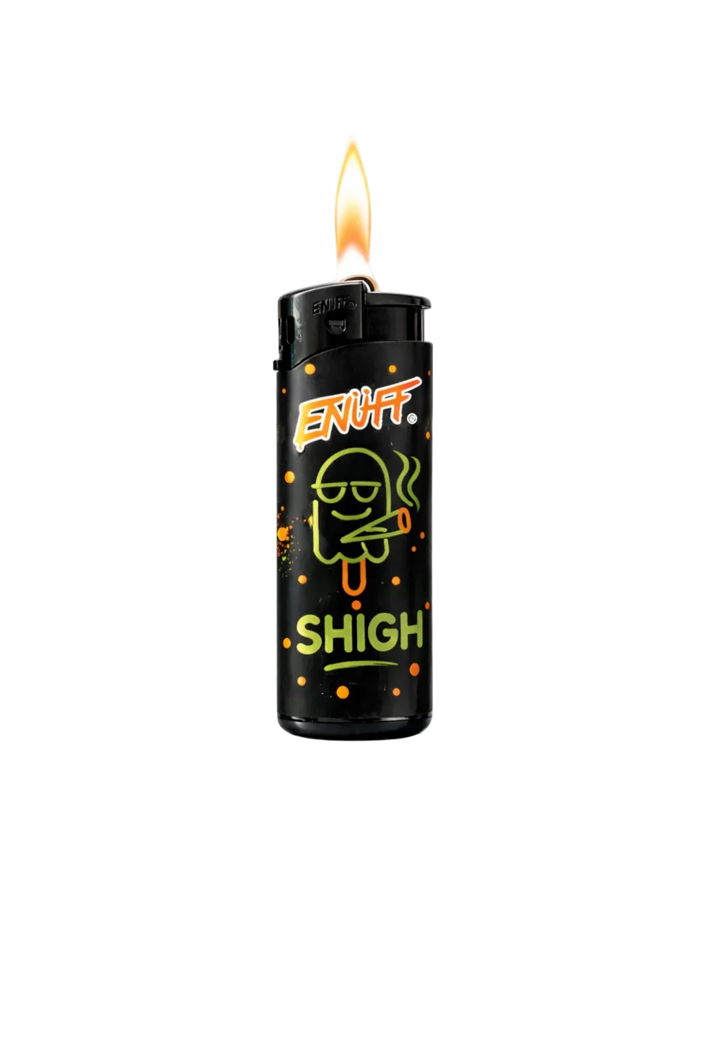 Black lighter with colorful text and design, lit on a white background
