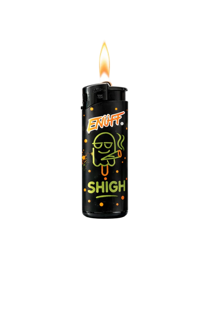 Black lighter with colorful text and design, lit on a white background